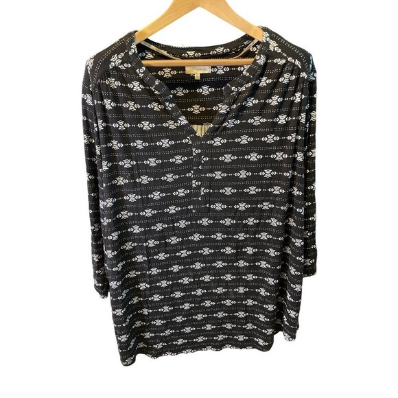 Dept 222 Black Patterned Roll Tab Sleeve Tunic Pullover Top Sz 2X - Picture 1 of 7